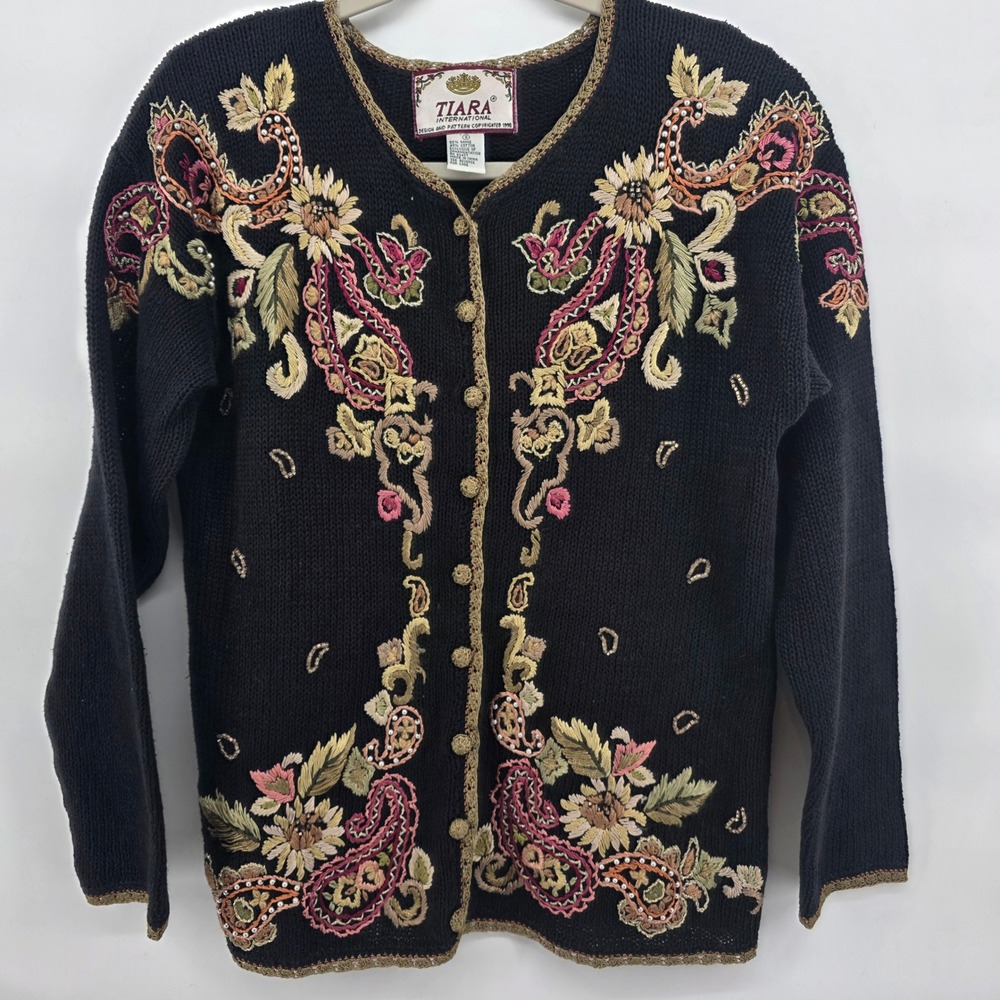 TIARA small Black Embroidered Paisley‎ Floral Cardigan Sweater detailed buttons